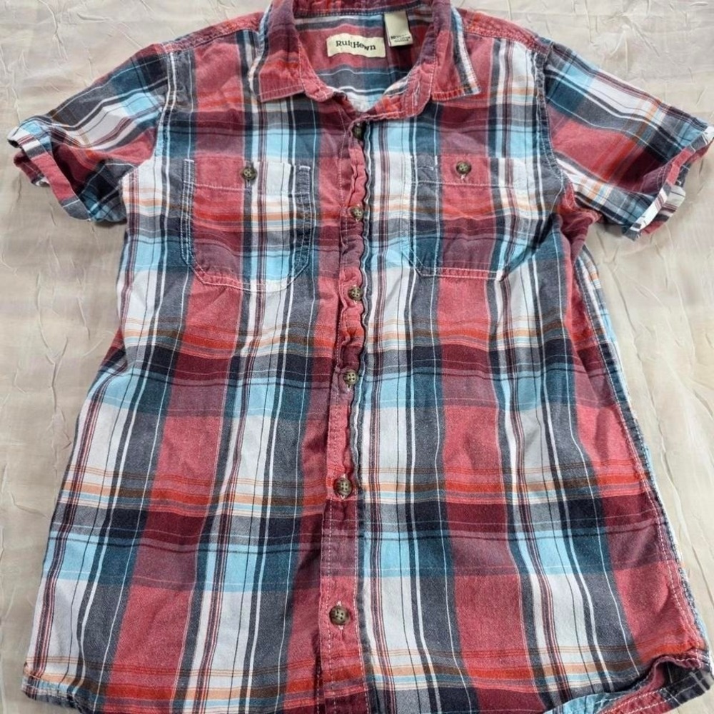 RuffHewn Kids Red Blue Plaid Short Sleeve Button Down Shirt Size M 10/12 Western